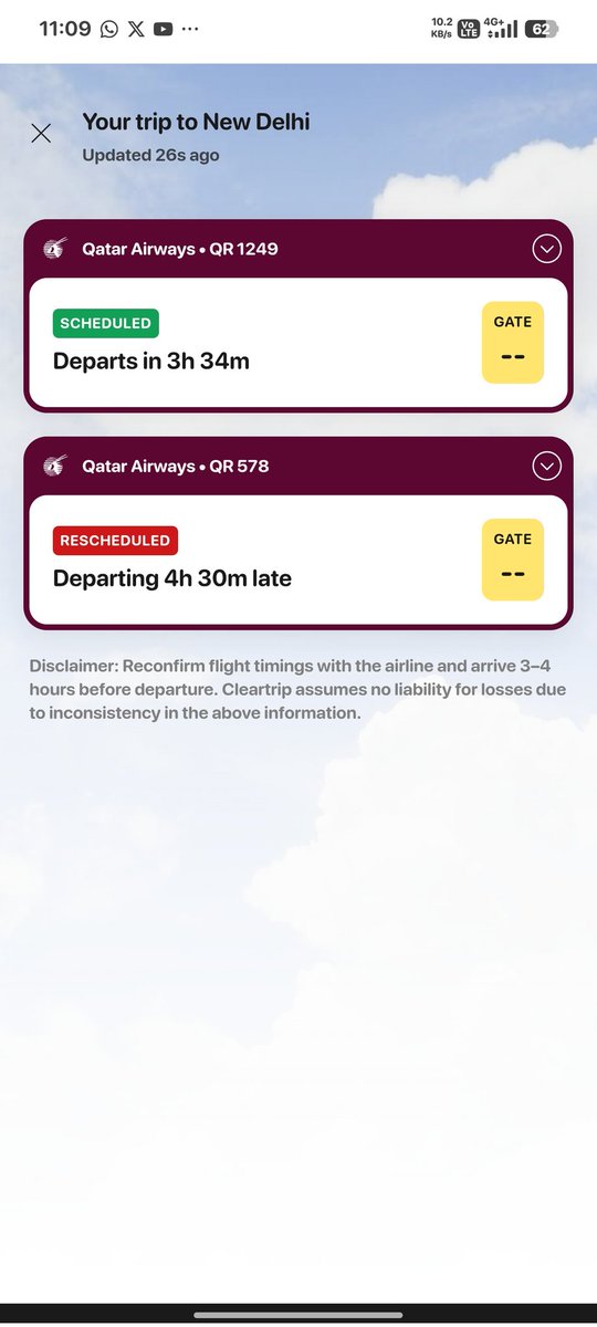 ManzarHayatR's tweet photo. @Cleartrip ye flight cancel ho gyi hai by airlines but Aapke website or app pe on time bata Rahi @Cleartrip ye misinformation WHY 
Please real time update 
I hope you understand https://t.co/ZmIDCZoc0A