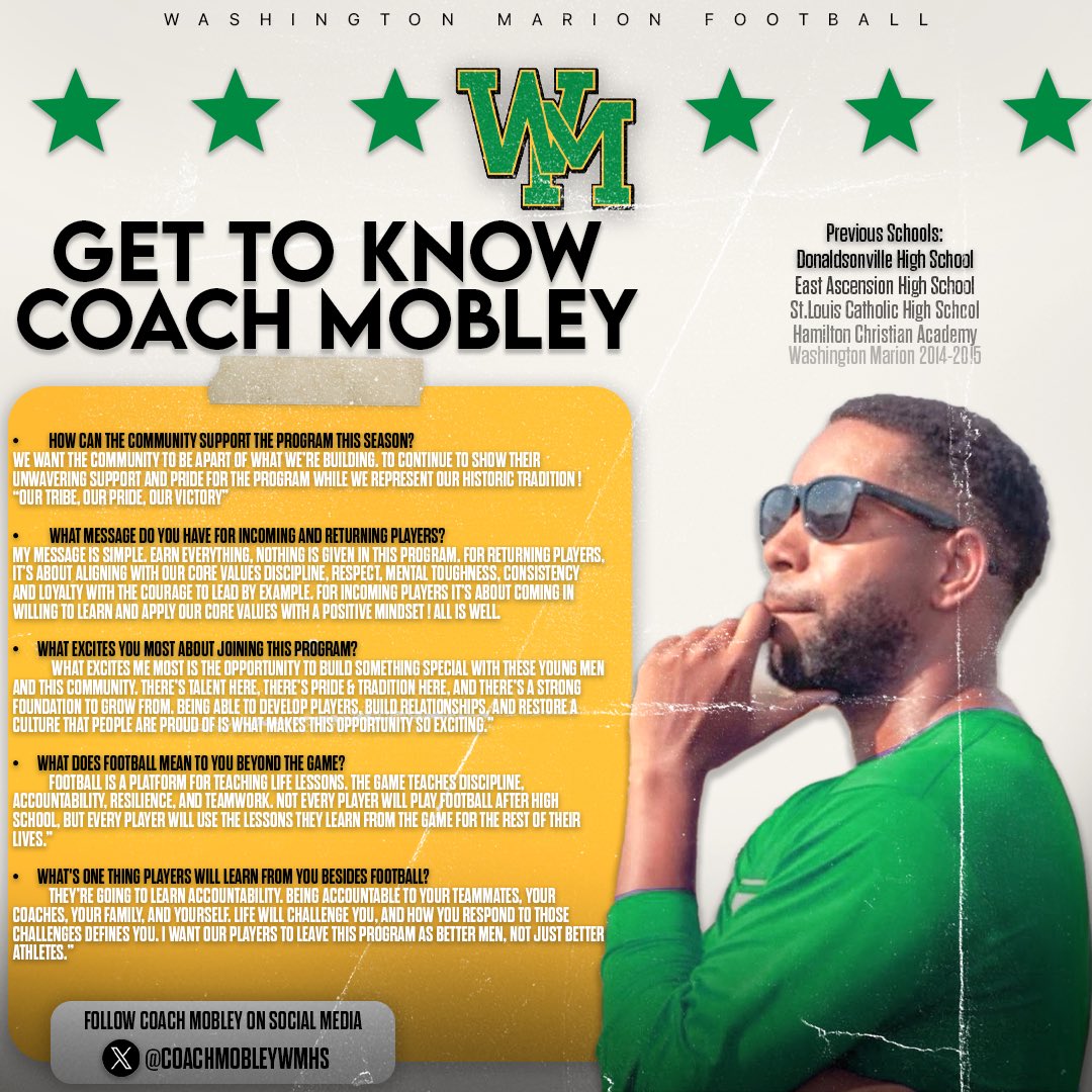 WMIndiansFB's tweet photo. The standard is the standard 💚 
Discipline. Respect. Accountability.
Get to know Coach Mobley and the vision for WM Football.
#OurTribe #WMFootball #BuiltNotGiven https://t.co/y9HpjIX5I6