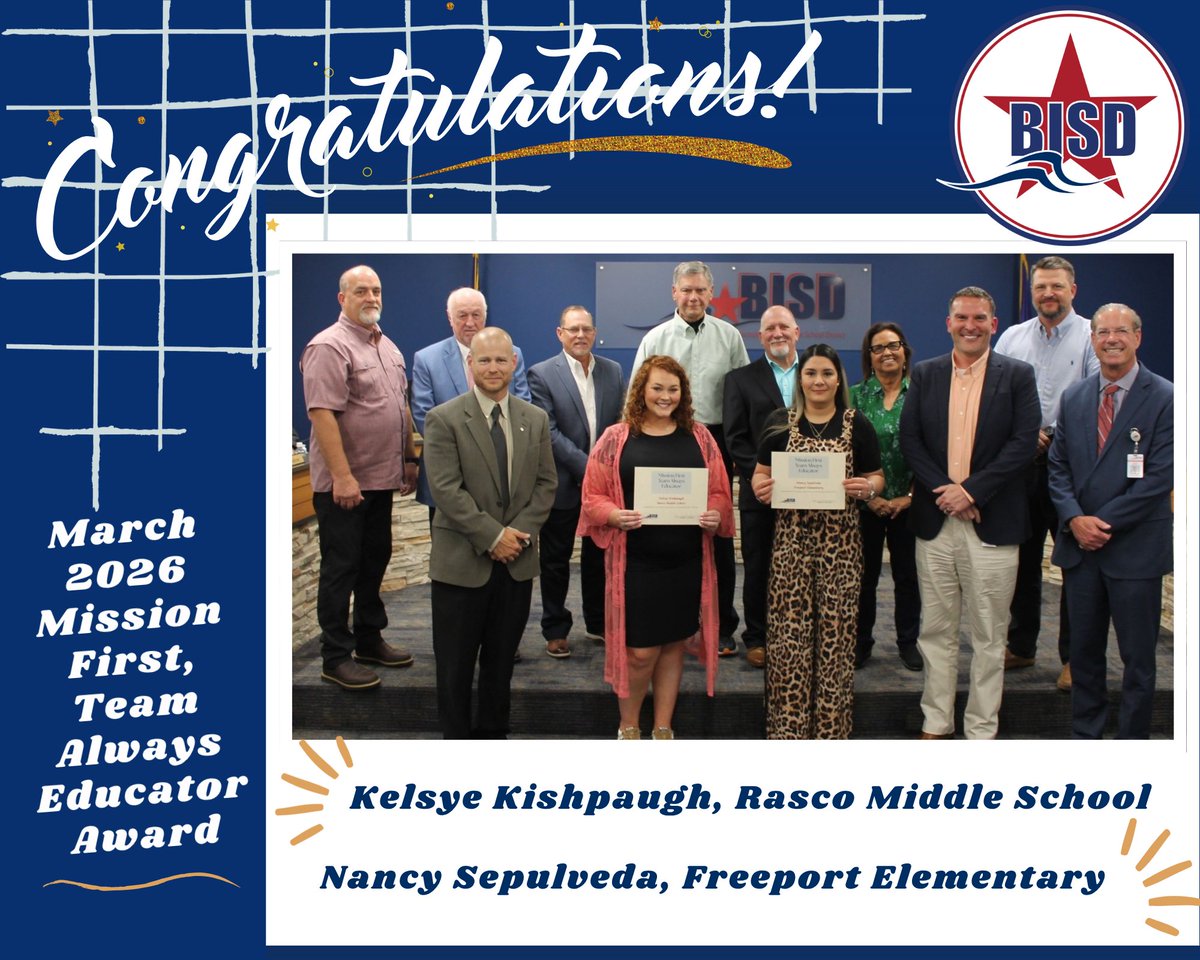 BrazosportISD's tweet photo. Congratulations to the March Mission First, Team Always Educators!
Nancy Sepulveda @FreeportElem School 
Kelsye Kishpaugh @GradyRasco Middle School
https://t.co/Gz5Y4hf556 #MissionFirstTeamAlways #FutureReady https://t.co/wIwz6RmYY5
