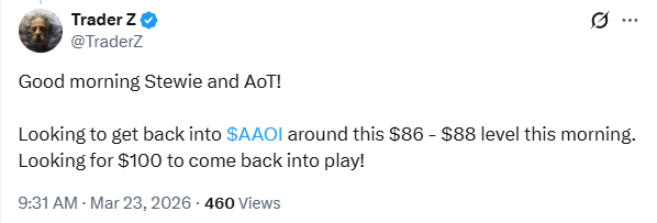 TraderZ's tweet photo. Absolutely nailed this $AAOI entry again this week. Proud of this one!

Took $88.xx level first thing Monday. Still holding it. https://t.co/TeNnxciGhV