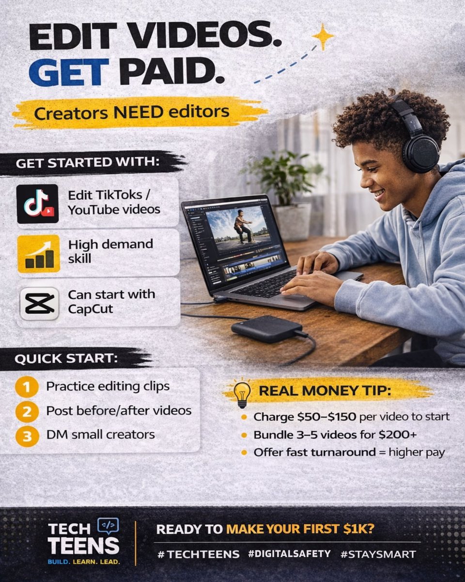 techteensinc's tweet photo. Creators NEED editors right now.

• Edit TikToks &amp; YouTube videos
• Start with CapCut
• Charge $50–$150 per video

This is one of the fastest ways to get paid. https://t.co/3vpOzw9Sjx