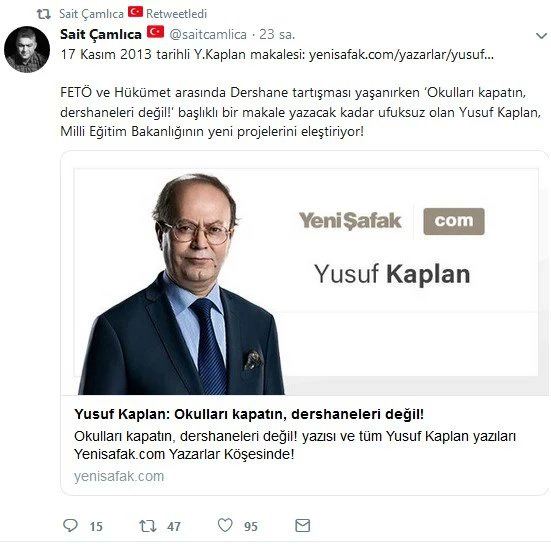 Bir zamanlar, "Fethullah Gülen'in dershanelerini kapatırsanız şahlanan eğitim biter! Onları kapatacağınıza devletin okullarını kapatın!" diyen; 

"Fethullah Gülen bu ülkenin emniyet sübobudur!" diye kaykıla kaykıla, kasıla kasıla hükümete akıl veren, hükümeti azarlar tonda