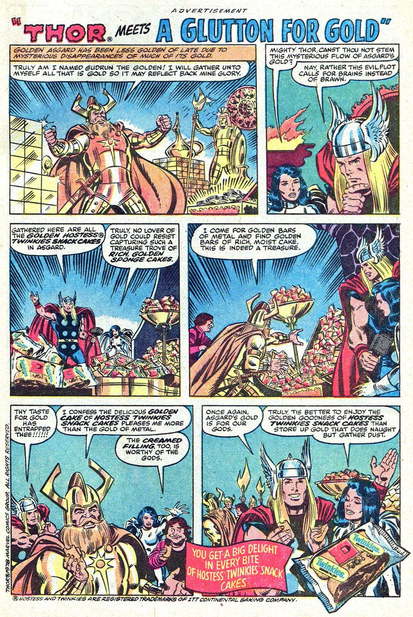 AmraSeldon's tweet image. Hora de berenar... 

Marvel Add (June 1978) 
Hostess Fruit Pies 
Thor meets A Glutton for Gold 
Art © Sal Buscema &amp;amp; Joe Sinnott 

#Thor   
#Twinkies 
#Snack