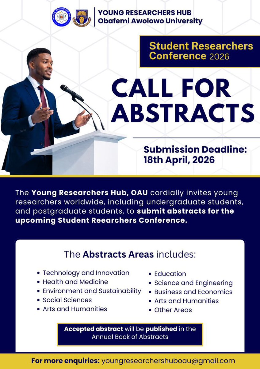 YRH_OAU's tweet photo. The Young Researchers Hub (YRH-OAU) is inviting abstracts from researchers in all fields.

Please review the submission guidelines carefully:
🔗 Submission Guidelines: https://t.co/eI2zruf37H

🗓️ Deadline: 18th April 2026

📄 Submit your abstract here: https://t.co/5kwsLAQwBC https://t.co/hTDkGBsdQT