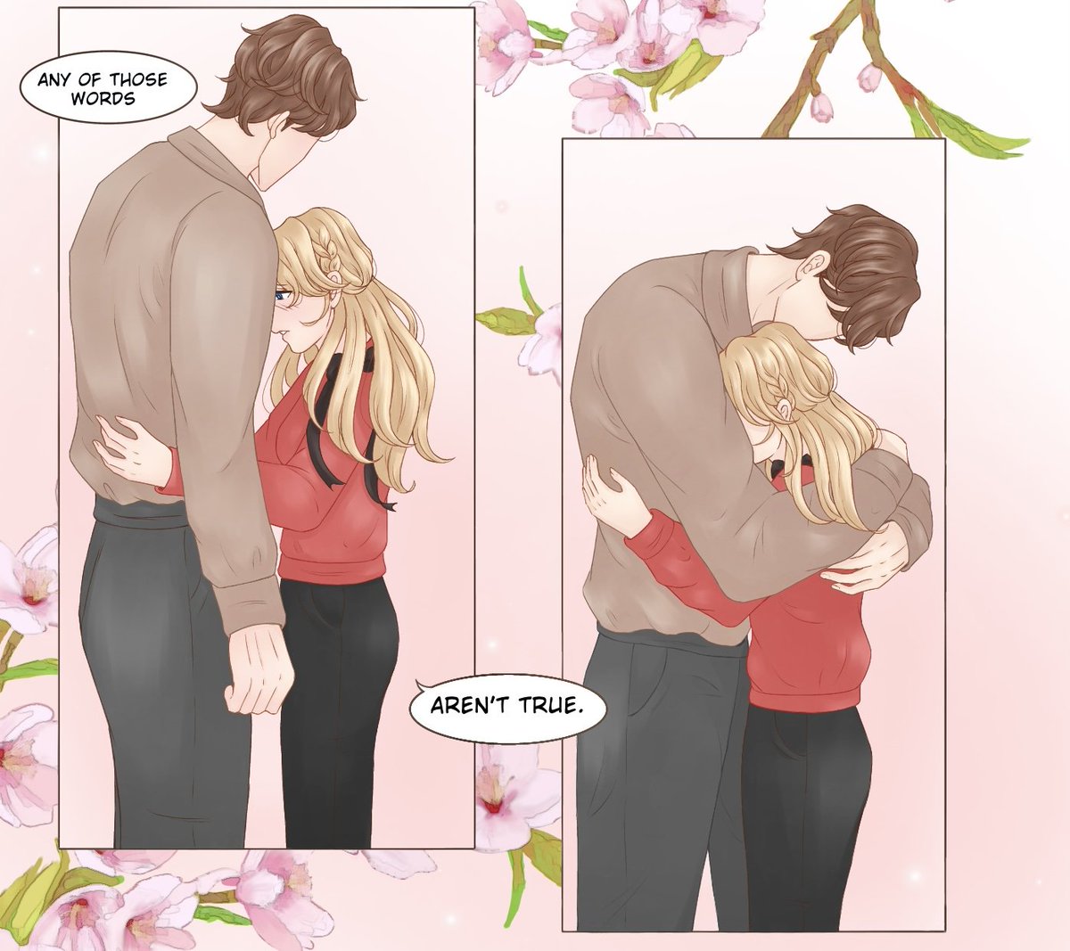 'It's okay.'🌸🌸
Vertical version of this scene. Added some flowers.🥰

Check this out on:
tapas.io/series/Unwritt…
webtoons.com/en/canvas/unwr…
#webtoon #comic #romance #webtooncanvas #comicpanel #shoujo #comicartist #smallartist