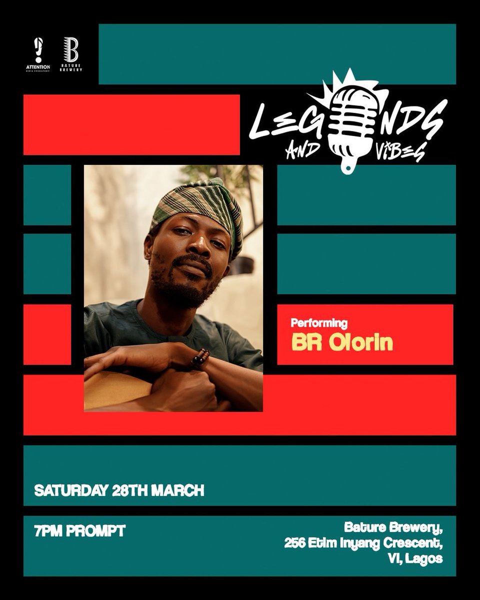 I will be performing live at Legends and Vibes with the Veteran Band at Bature Brewery, Victoria Island, Lagos. 
Date: 28th March, 2026.
Time: 7pm.

See you there! 

#brolorin