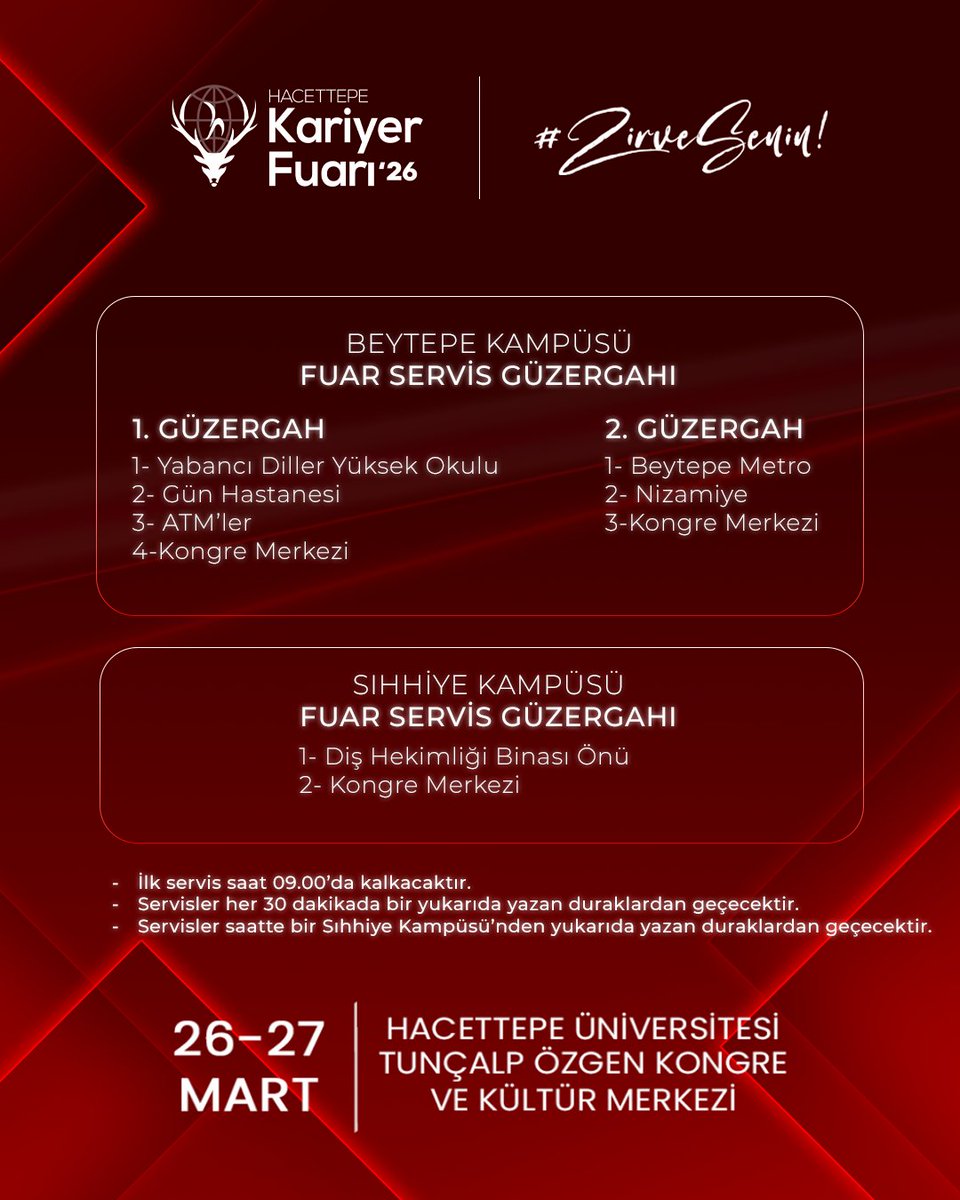 HUKSF's tweet photo. 26-27 Mart'ta Hacettepe Kariyer Fuarı'26 etkinlik alanına gidecek katılımcılarımız için servis güzergahlarımız sizlerle! ♥️

📌 Servislerimiz her 30 dakikada bir belirtilen duraklardan geçecektir. https://t.co/a8JY2UvIok