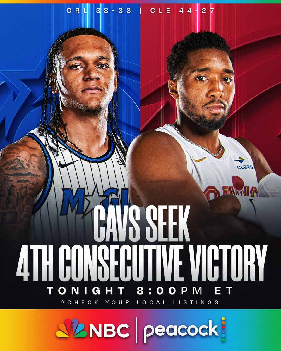 NBA's tweet photo. East clash as Cavs go for 4 straight!

Donovan Mitchell and the #4 Cavs go head-to-head with Paolo Banchero and the #8 Magic!

⏰ Action tips off at 8:00pm/et on NBC &amp; Peacock https://t.co/W92NirNWOu