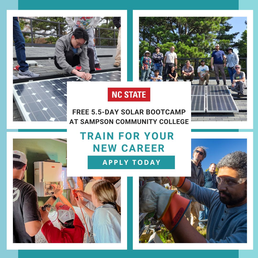 NCCleanTech's tweet image. Kick-start your new solar career! Apply today for NC State’s Solar Training Bootcamp at Sampson Community College. FREE for selected participants. Learn more and apply at go.ncsu.edu/solarbootcamps
#solar #cleanenergy #workforcedevelopment #training #NCStateSolarTrainingBootcamp