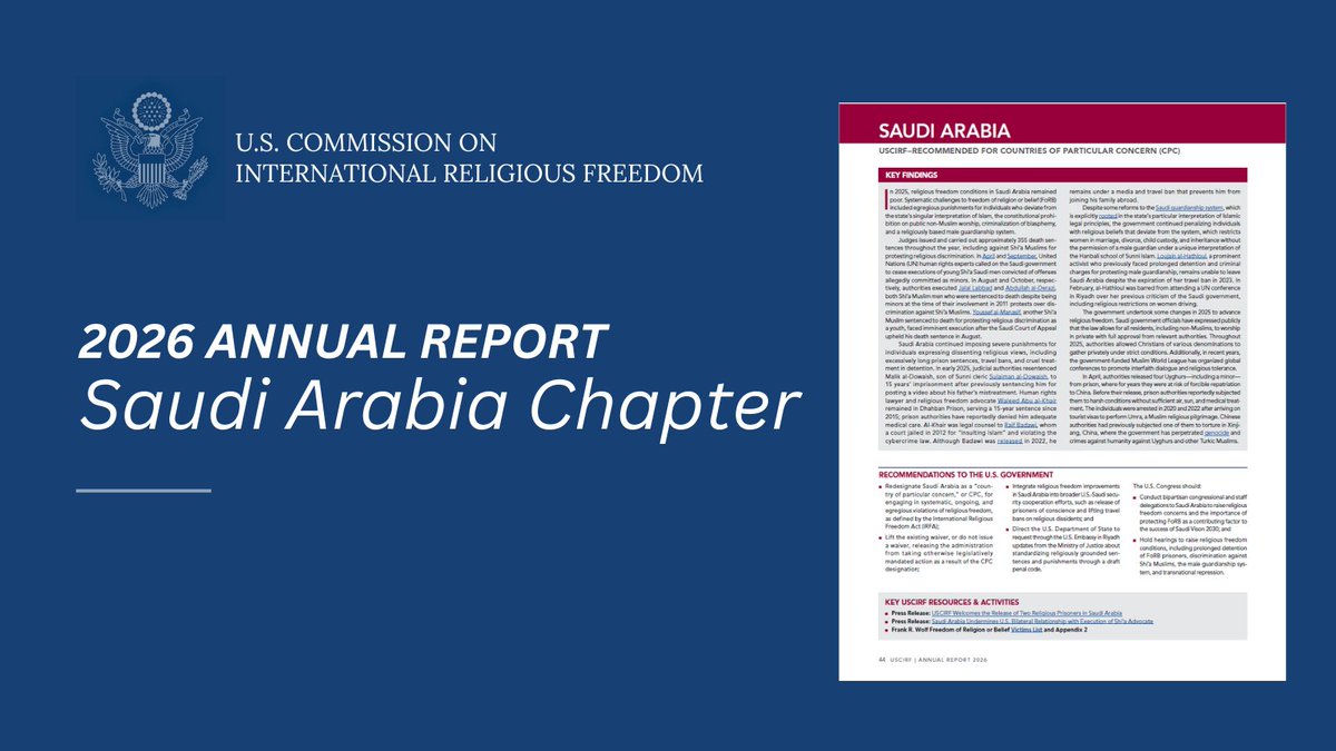 USCIRF's tweet photo. Cmmr @rachelklaser: “The Saudi gov’t holds Shi’a Muslims on death row for peacefully protesting religious discrimination, detains critics of their religiously grounded male guardianship laws, &amp; stokes bigotry of different religious beliefs in textbooks.” https://t.co/EKumdXjqUW https://t.co/d1kNcklO1d
