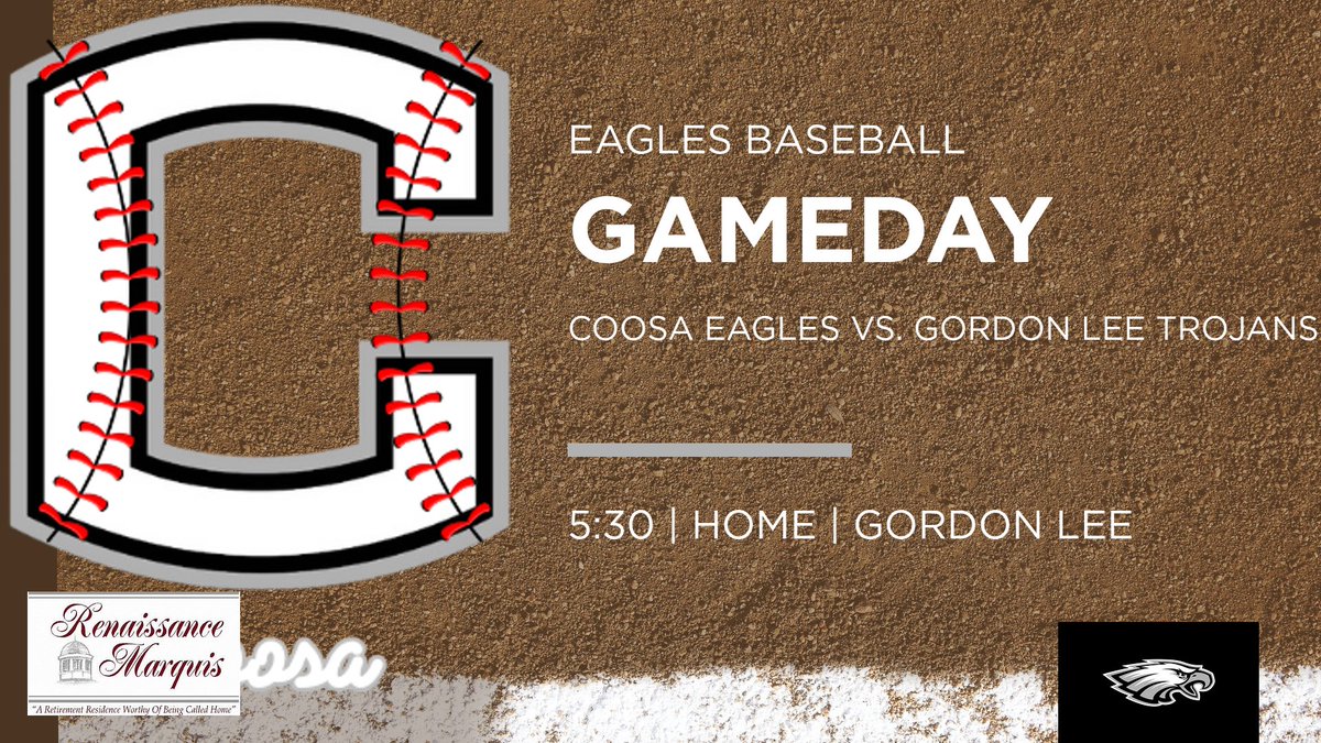 CoosaHSBaseball's tweet photo. GAMEDAY ALERT! Baseball takes on Gordon Lee Trojans tonight at 5:30 PM at home. Come out and support your Eagles! #C4
Game Ball Sponsor is Renaissance Marquis! https://t.co/kGJsYNH3Ex