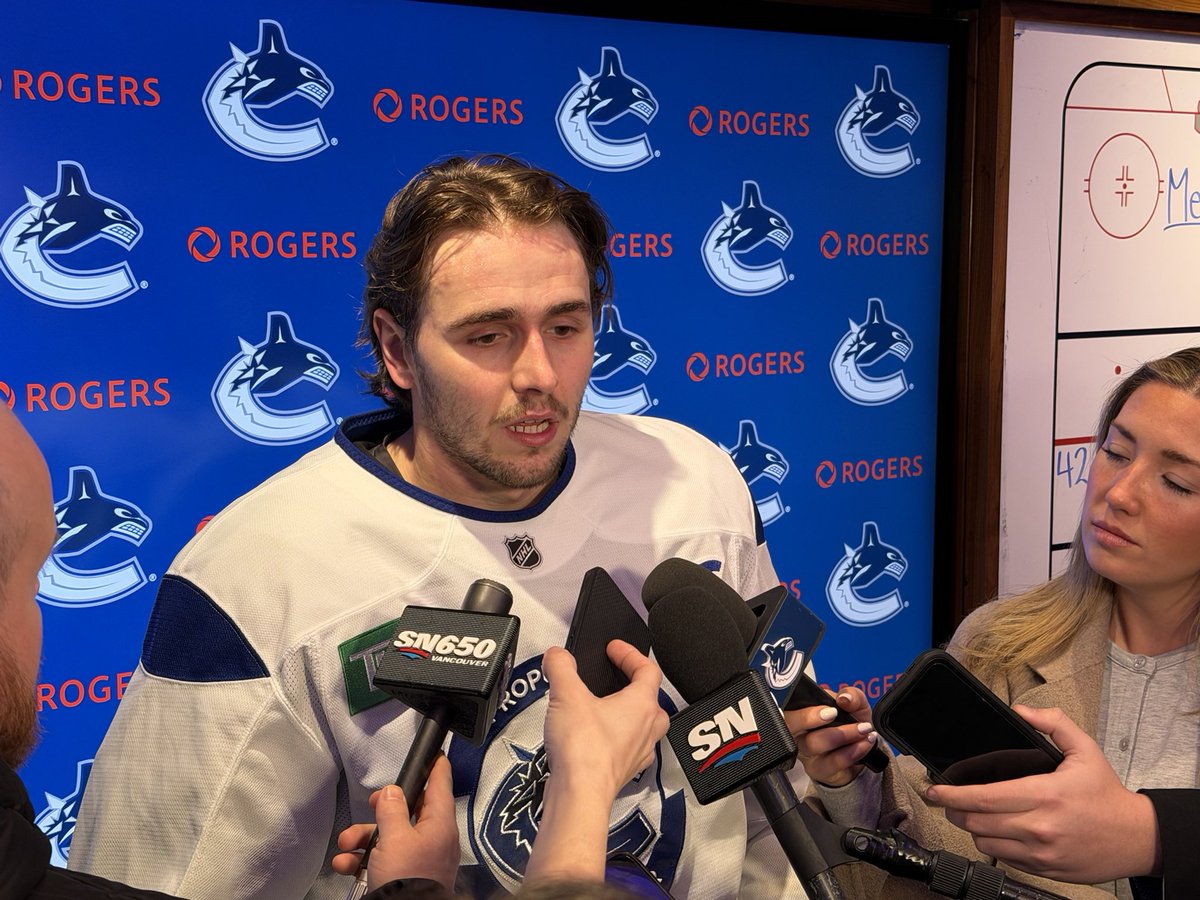 ZachCav's tweet photo. #Canucks Linas Karlsson spoke about negating Ducks speed, getting back on defense, being anchor for the defensive effort.

There will be a Karlsson, Carlsson, Carlson on the ice as well as a Pettersson, Pettersson, Pettersson. Pray for John Ahlers and @Aaron_Cooney. #FlyTogether https://t.co/Wm4A5DERgP
