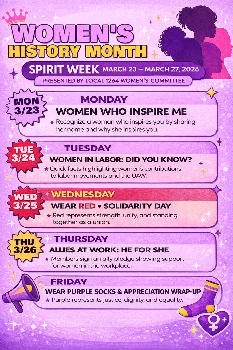 UAWLocal1264's tweet photo. March 26th | SSP Throughput Arena 💪

🔴 Rosie the Riveter Costume Contest
🤝 He For She – Allies at Work Day

Celebrate women in manufacturing, show solidarity, and win prizes!

🕙 10AM – 2PM
#WeCanDoIt #WomensHistoryMonth #UAW https://t.co/2Q9aVWJoa9