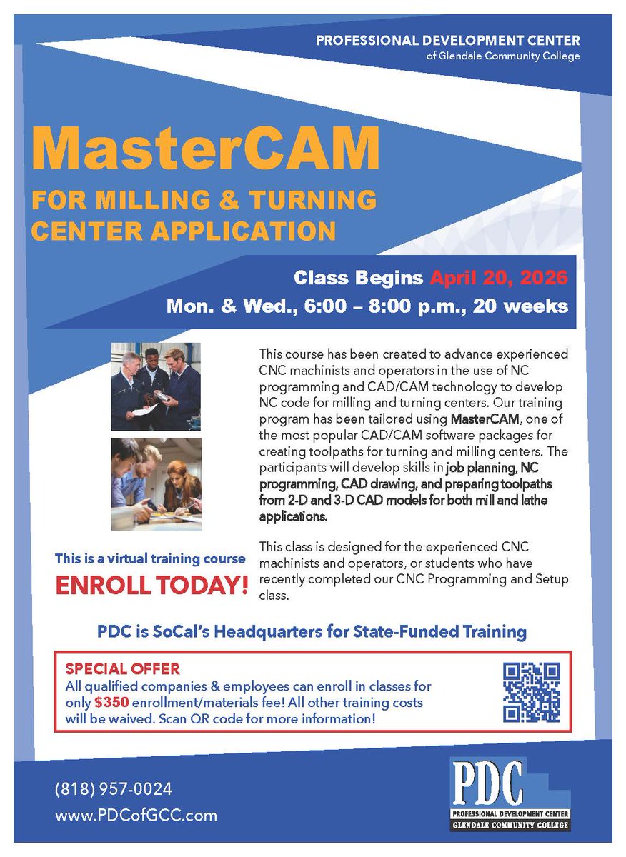 PDCGlendale's tweet image. Contact us today to enroll in our upcoming MasterCAM for Milling &amp;amp; Turning Center Application training course. Class begins on April 20, 2026.
#trainingcourse #mastercam #millingandturning #cncmachining #cad