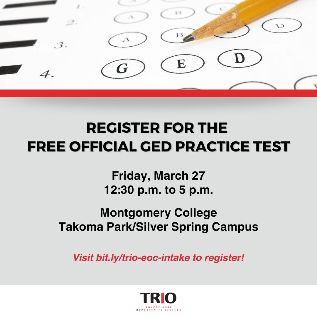 MC_EOCmd's tweet image. Interested in getting your GED?  TRIO EOC is offering a FREE Official GED Practice Test at the @MontgomeryCollege Takoma Park/Silver Spring campus on Fri, March 27, 12:30 p.m. - 5 p.m.

Register: bit.ly/trio-eoc-intake #TRIOEOC

#TRIOWorks #Education #College #GED