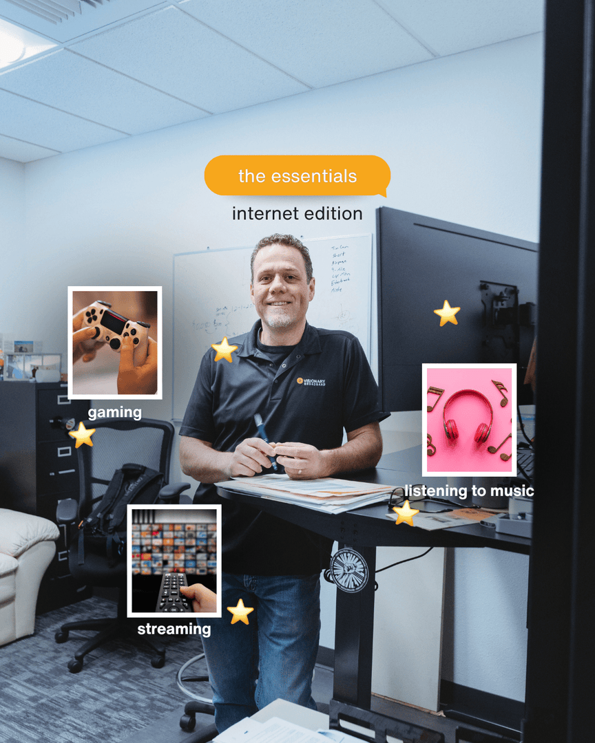 visionaryyeah's tweet image. The essentials: Internet edition 🎮🎶📺 Streaming, gaming, jamming — all day, every day. #visionarybroadband #internetessentials #streaminggamingmusic #stayconnected