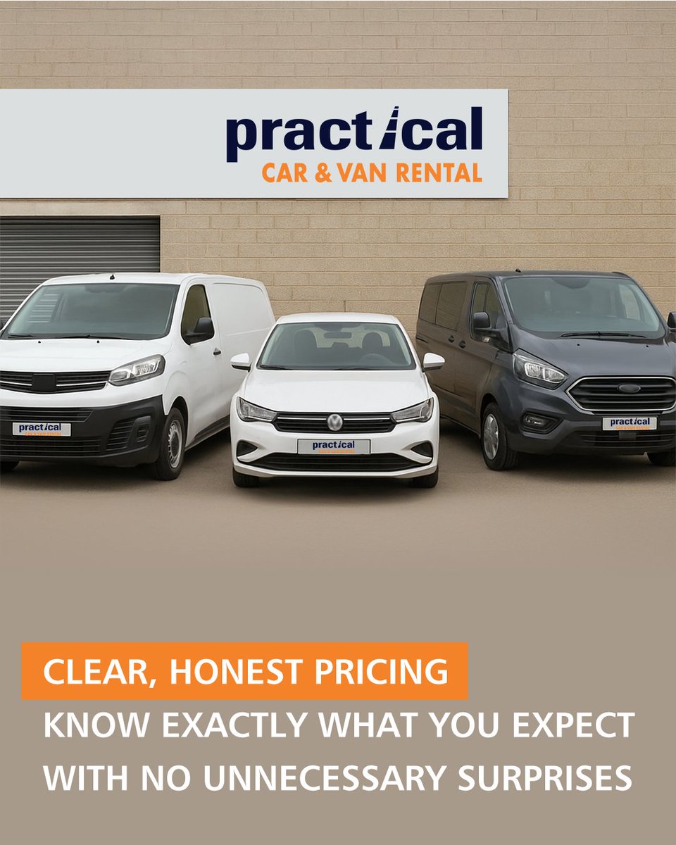 PracticalHQ's tweet photo. Clear, honest pricing is central to our approach. Customers know exactly what to expect with no unnecessary surprises. 
Contact your local Practical Car and Van rental to check availability 
https://t.co/mabQhTxgVy https://t.co/m485lIcFZc