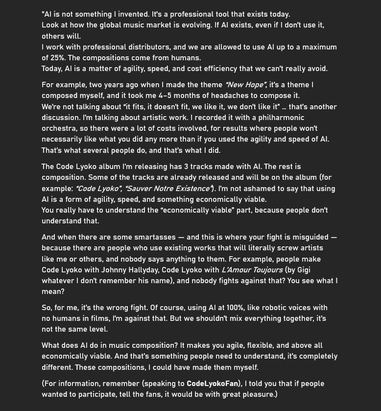 ShizunaSH's tweet photo. Do you remember this thread?
Today, Justine Sainte responded to a fan (CodeLyokoFan) after he asked her for clarification on TikTok about whether her music was actually made using AI.
Here is her response (a transcription of her voice messages), unedited!

#codelyoko https://t.co/eGnGiK891W