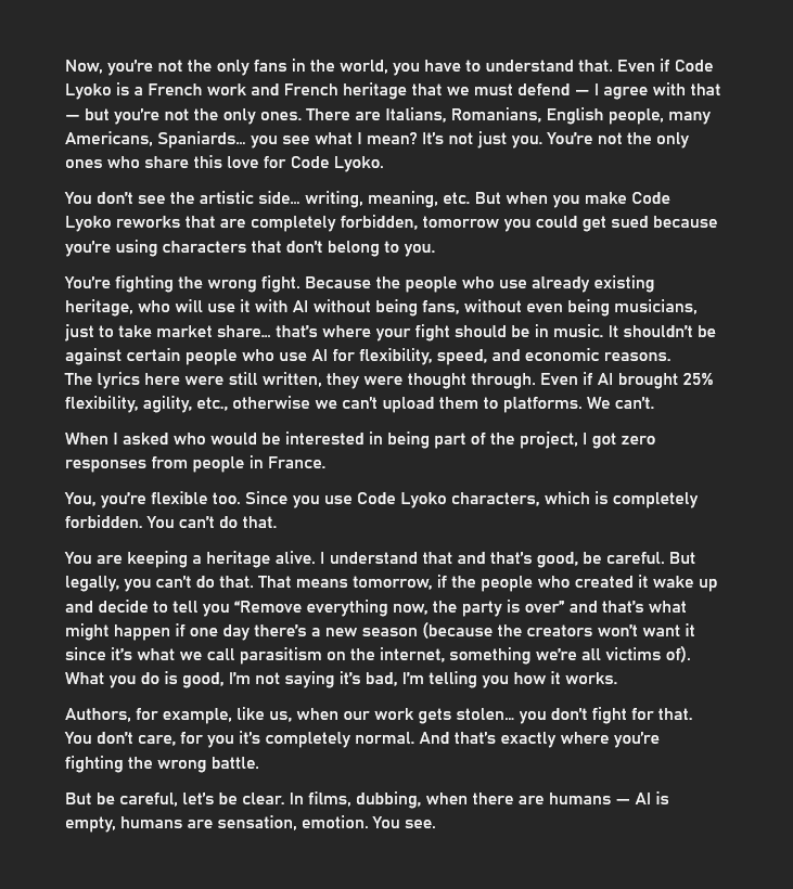ShizunaSH's tweet photo. Do you remember this thread?
Today, Justine Sainte responded to a fan (CodeLyokoFan) after he asked her for clarification on TikTok about whether her music was actually made using AI.
Here is her response (a transcription of her voice messages), unedited!

#codelyoko https://t.co/eGnGiK891W