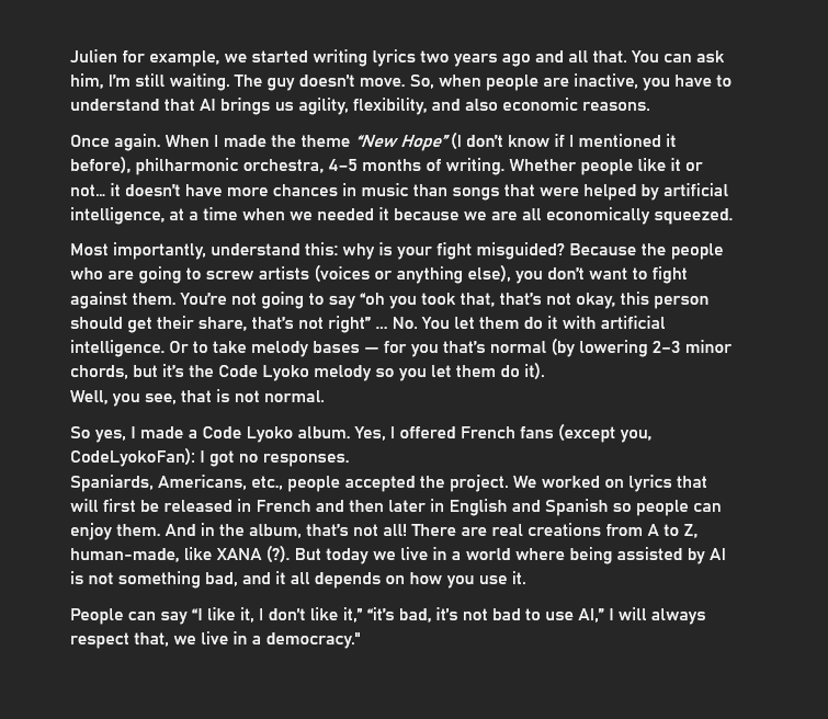 ShizunaSH's tweet photo. Do you remember this thread?
Today, Justine Sainte responded to a fan (CodeLyokoFan) after he asked her for clarification on TikTok about whether her music was actually made using AI.
Here is her response (a transcription of her voice messages), unedited!

#codelyoko https://t.co/eGnGiK891W