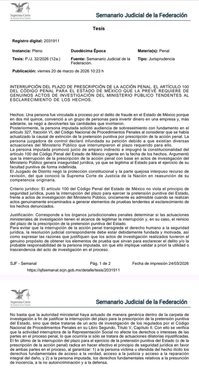 Adrianreginoo's tweet photo. ⚖️ La prescripción penal no se detiene “por cualquier cosa”

En un caso de fraude, una persona imputada solicitó el sobreseimiento al considerar que ya había prescrito la acción penal. Sin embargo, el juez lo negó porque el Ministerio Público había realizado diversas actuaciones que —según la autoridad— interrumpieron ese plazo.

El punto clave llegó a revisión:
¿cualquier actuación del Ministerio Público puede interrumpir la prescripción?

El criterio es claro: no.

El artículo 100 del Código Penal del Estado de México es válido, pero la interrupción del plazo solo procede cuando existen actos de investigación reales y efectivos, dirigidos al esclarecimiento de los hechos.

No basta con simples actuaciones formales o dilatorias.
De lo contrario, se pondría en riesgo la seguridad jurídica y se permitiría al Estado perseguir delitos indefinidamente.