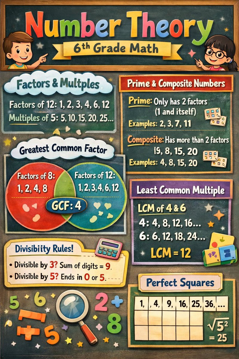 mathbyjamesdele's tweet photo. 📚✨ Exploring Number Theory in 6th Grade Mathematics! ✨📚

This week, our 6th grade mathematicians are diving into the fascinating world of Number Theory—the foundation of so much of what we do in math! 🔢

Students are building their skills by exploring:
✔️ Prime vs. Composite Numbers
✔️ Factors & Multiples
✔️ Greatest Common Factor (GCF)
✔️ Least Common Multiple (LCM)
✔️ Divisibility Rules

Through hands-on activities, collaborative problem-solving, and real-world applications, students are learning how numbers are connected and how these concepts help us solve complex problems with confidence. 💡

Number Theory not only strengthens computational skills, but also develops critical thinking, pattern recognition, and mathematical reasoning—skills that will support students in Algebra and beyond! 🚀

👏 Shoutout to our students for their hard work, perseverance, and growth mindset as they continue to become confident mathematicians!

#6thGradeMath #NumberTheory #MathMatters #FutureProblemSolvers #DeLeoMath #StudentSuccess
