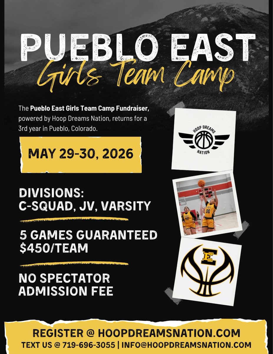 Pueblo East girls basketball will be hosting the 3rd annual Pueblo East team camp. Camp is for all classification and Levels (Feeder program, C team JV and Varsity levels)! We are very excited to be adding the CHSAA sanctioned 35 Second shot clock at this year's event.