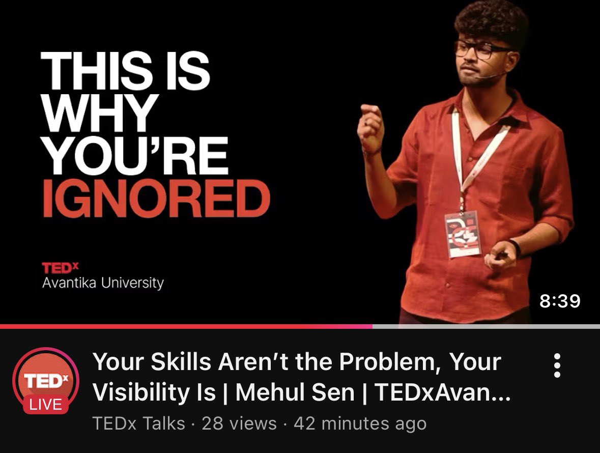 ItsMehulSen's tweet photo. Your Skills Aren’t the Problem, Your Visibility Is 

My TEDx Talk is out!! Watch and show some love!

https://t.co/8I7PawyKMA https://t.co/kRnglFa84k