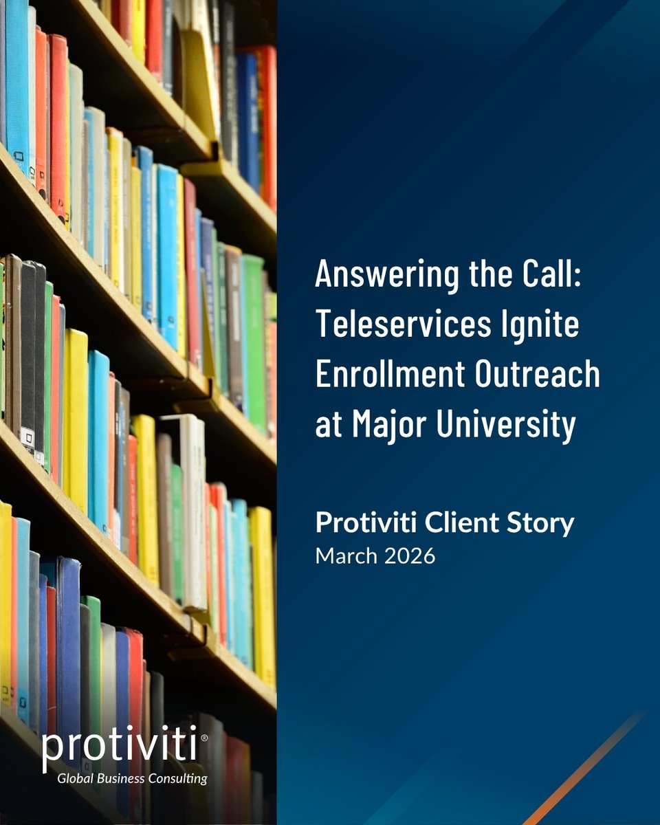 Protiviti's tweet image. Discover how Protiviti’s Teleservices team helped a U.S. business school boost enrollment efficiency—driving a 27% increase in scheduled appointments without increasing staff. Read the latest client story today: bit.ly/4dxALRY #Protiviti #FaceTheFutureWithConfidence