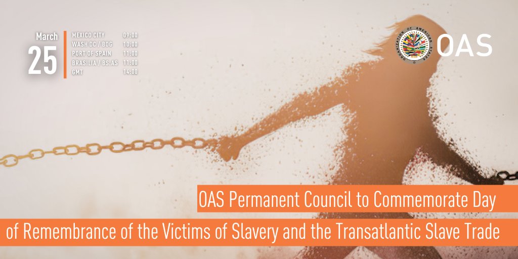 OAS_official's tweet image. #TOMORROW | #OAS Permanent Council to Commemorate Day of Remembrance of the Victims of Slavery and the Transatlantic Slave Trade

🗓️ March 25
⏰ 10:00 EST (14:00 GMT)
📺 oas.org
📍 Simón Bolívar Room
ℹ️ oas.org/en/media_cente…