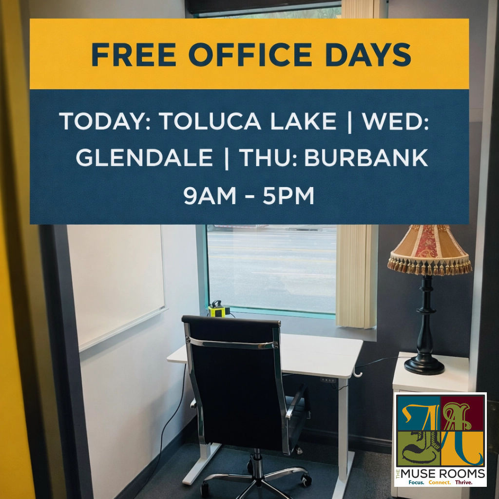 🚀 FREE OFFICE DAYS! Kickoff today at Toluca Lake! ☕️✨

Join our community 9-5:
📍 Today: Toluca Lake
📍 Wed: Glendale
📍 Thu: Burbank

First-come, first-served! Ditch the sterile walls &amp; support local. See you here? 🙌

#TheMuseRooms #Coworking #WorkLocal #TolucaLake
