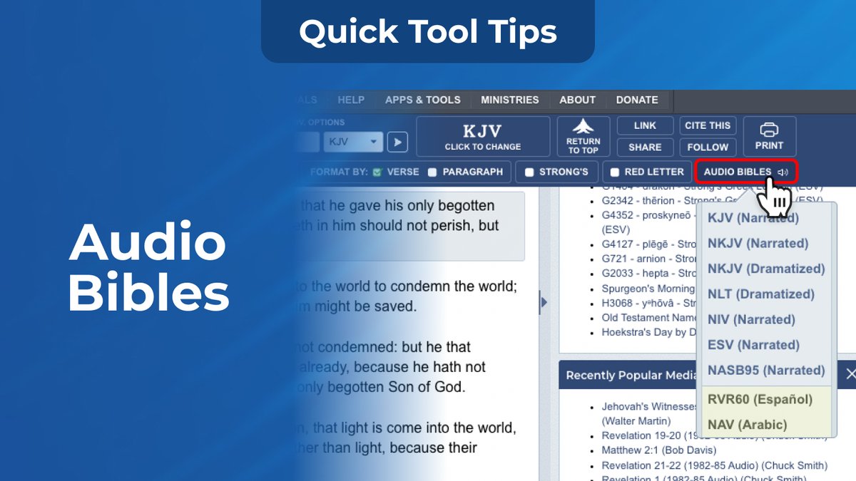 BlueLetterBible's tweet image. Did you know that you can listen to the #Bible from the #BLB site and apps? #TipsandTricks #BibleStudyTools #BlueLetterBible