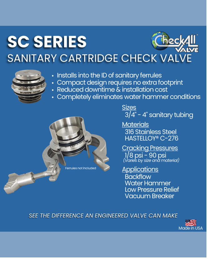 CheckAllValve's tweet photo. The Sanitary Cartridge Valve (SC) is a stainless steel check valve engineered to fit between two sanitary fittings - saving space and cost without sacrificing reliability.

An economical solution built for sanitary performance. 

Learn more: https://t.co/AJJmMtwxqD https://t.co/d2HZxkcMsV