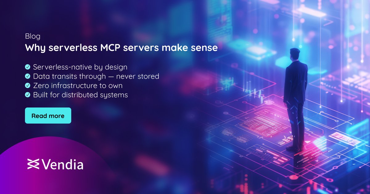 VendiaHQ's tweet photo. "Serverless MCP Server" sounds silly.

It's actually a compelling pattern. MCP servers are gateways, not storage. Data transits through.

No servers to manage.

👉 https://t.co/xJYHeqTket

#Serverless #MCP #MCPGateway #AIArchitecture #CloudNative https://t.co/uepTLjbhzU