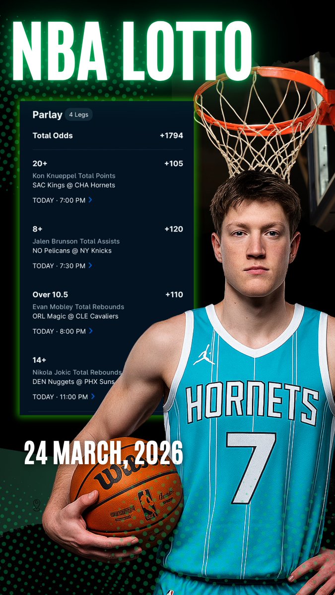 X30BETS's tweet photo. 🏀💣 +1794 NBA LOTTO PARLAY 💣🏀

Buckets + boards + dimes

🔥 Kon 20+ PTS
🔥 Mobley 11+ REB
🔥 Brunson 8+ AST
🔥 Jokic 14+ REB

If the stars show up and the glass gets dominated
❤️ if riding

💲1 or FREE CODE (30BETS) 🏀 NBA Top 12 Player Props March 24th https://t.co/g6hjcdrrSw https://t.co/A0P9lFzF7V