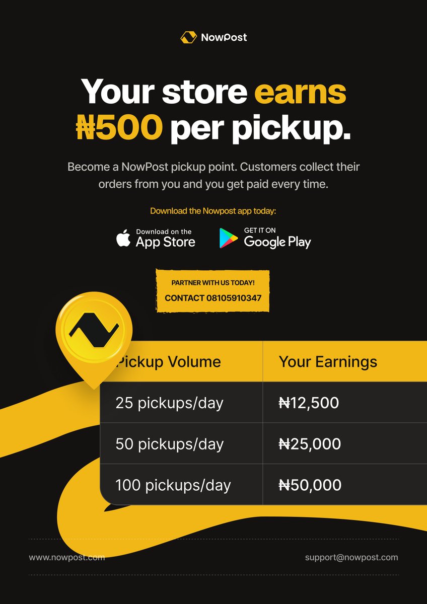 Nowpost_ng's tweet photo. Do you own a store or know someone who does?

NowPost is partnering with shops in Lagos as parcel pickup points. Your store earns ₦500 for every parcel a customer collects from you.

Free to join. No change to your business.

Interested? DM me to get started. Don't snooze 👊 https://t.co/8J30CfLEe0