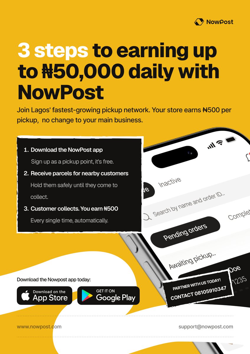 Nowpost_ng's tweet photo. Do you own a store or know someone who does?

NowPost is partnering with shops in Lagos as parcel pickup points. Your store earns ₦500 for every parcel a customer collects from you.

Free to join. No change to your business.

Interested? DM me to get started. Don't snooze 👊 https://t.co/8J30CfLEe0