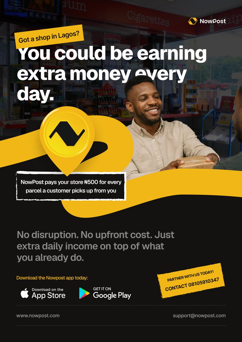 Nowpost_ng's tweet photo. Do you own a store or know someone who does?

NowPost is partnering with shops in Lagos as parcel pickup points. Your store earns ₦500 for every parcel a customer collects from you.

Free to join. No change to your business.

Interested? DM me to get started. Don't snooze 👊 https://t.co/8J30CfLEe0