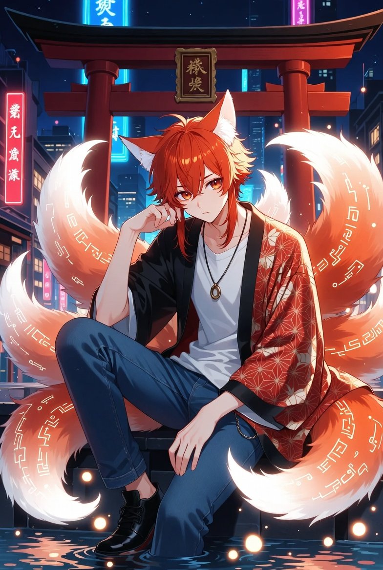 UmeshYo73221083's tweet photo. Chill fox spirit glowing with ancient runes under Tokyo lights. @remekoAI https://t.co/LjS8mDQ3vP