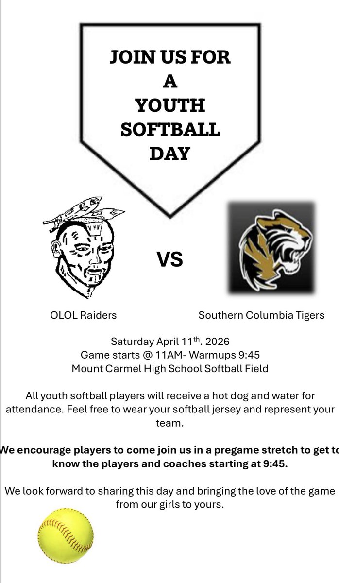 OLOLRedRaiders's tweet photo. The varsity softball team will be holding its inaugural Youth Softball Day prior to its game against Southern Columbia on Saturday, April 11 🥎

The game is scheduled for 11 a.m., and youth players are encouraged to attend at 9:45 a.m. to join Lourdes in their pre-game stretch https://t.co/03MWUkQi20