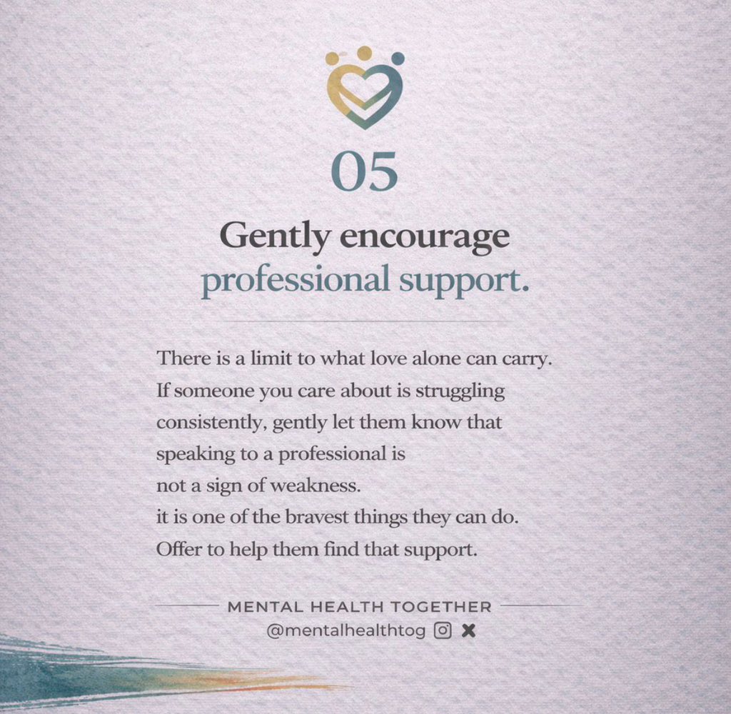 mentalhealthtog's tweet photo. You do not need a degree in psychology. You do not need the perfect thing to say. You do not need to fix anything.

You just need to show up.

Swipe through five simple but powerful ways to be there for someone who is struggling. Save this and share it. Someone in your life might need you to see this today. 🍃
.
.
.
#ShowUpForEachOther #MentalHealthSupport #MentalHealthNigeria #YouAreNotAlone #AfricanMentalHealth #CheckOnYourPeople #NaijaWellness