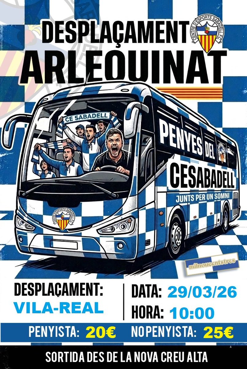 Tiquets de autobús de venta en oficinas de la Nova Creu Alta, Bar Mírian y Bar La Llar. La venta de entradas para el partido es exclusivamente para socios del Sabadell.
#PeyaLosCalifas