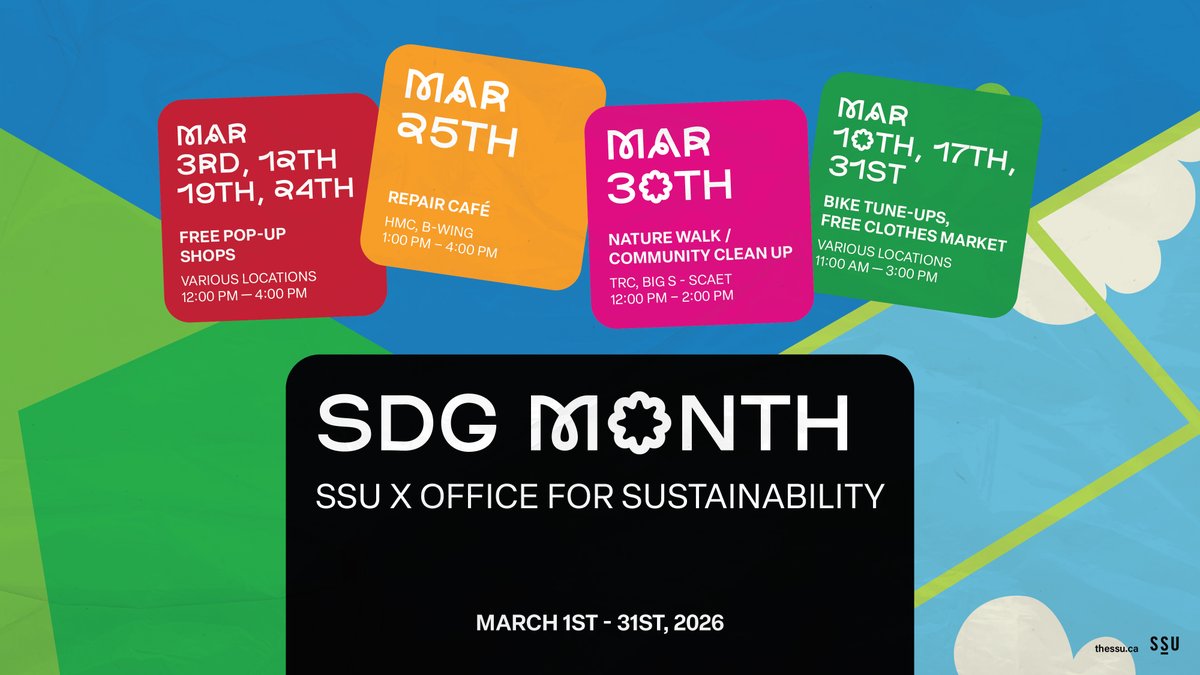 the_ssu's tweet photo. In celebration of SDG Month Canada, our Executive Team and Mission Zero are hosting a few campus activations focused on responsible consumption and climate action🌳🌎

View upcoming events around your campus here ➡️ https://t.co/RJxVqceiYw https://t.co/9f6y0nbN76