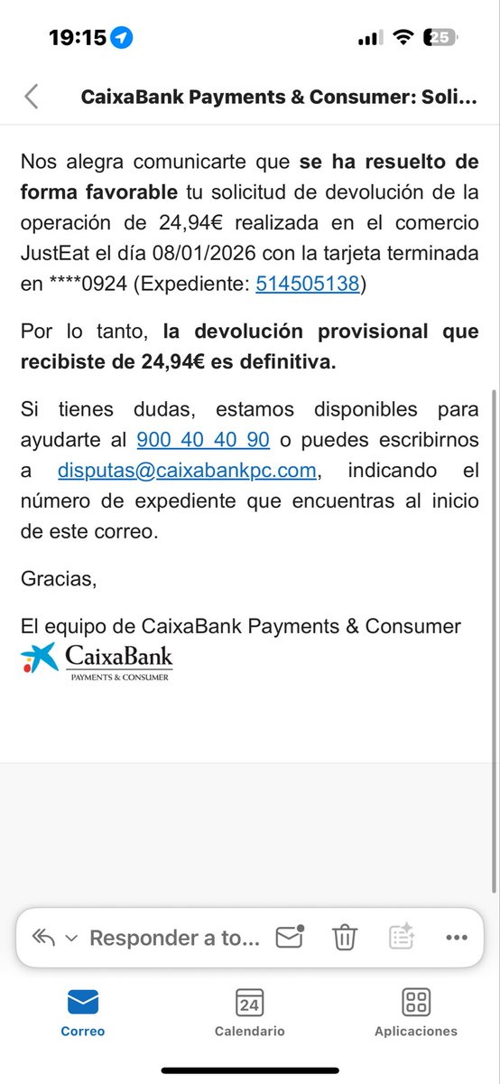 DavidTalentos's tweet photo. @JustEat_es 

"¡Aviso a navegantes con @JustEat_es! 🚩 Intentaron estafarme 24,94€ de un pedido del 08/01 alegando mentiras sobre la entrega. Caixa: Resolución FAVORABLE y DEFINITIVA (Exp. 514505138). No han cedido, les han DERROTADO. 💪💰 #JustEat #Estafa #AtencionAlCliente" https://t.co/dwdxSwSnCc