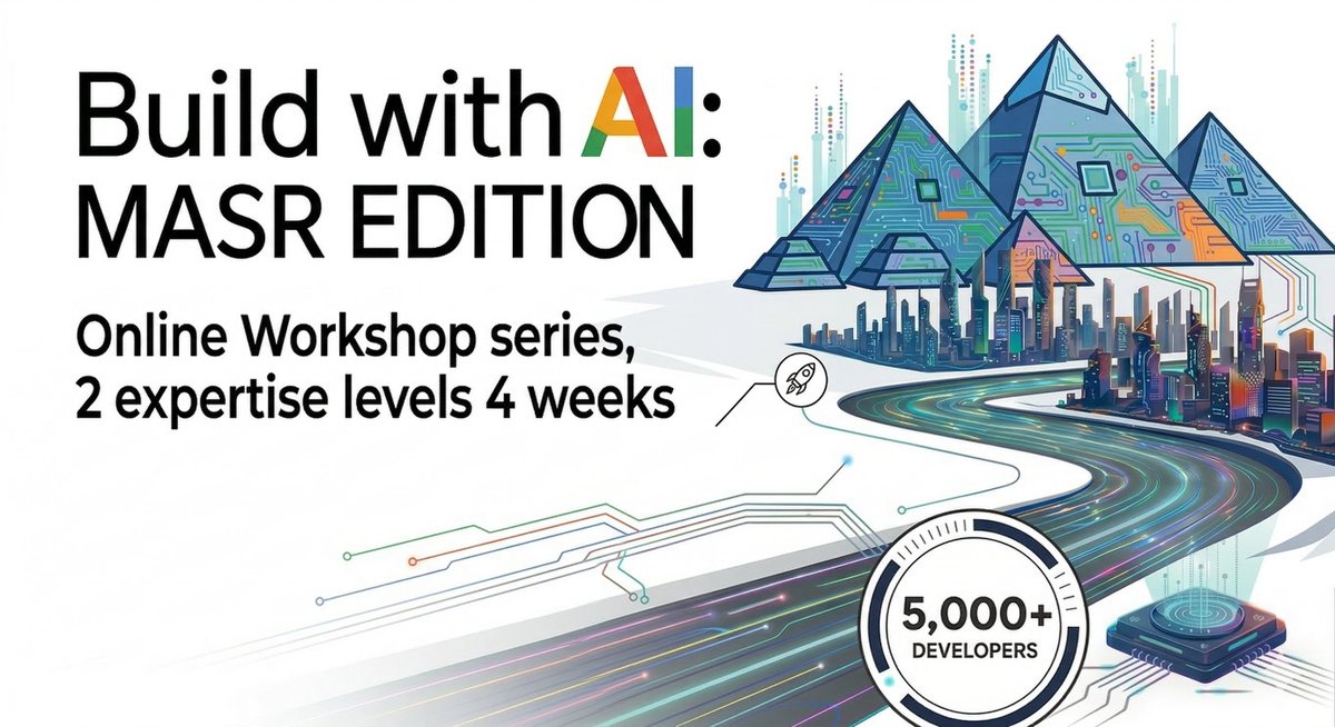 GDGShorouk's tweet photo. سعداء جداً بالإعلان عن انطلاق مبادرة Build with AI: Masr Edition!
المبادرة دي مش مجرد محاضرات نظرية، دي ورش عمل تطبيقية (Online Workshops) لمدة 4 أسابيع، هدفها إننا نمكّن المطورين في مصر من بناء مشاريع حقيقية باستخدام أحدث تقنيات جوجل: Gemini, Vertex AI, and Gemma. https://t.co/gz2ADRz8uZ