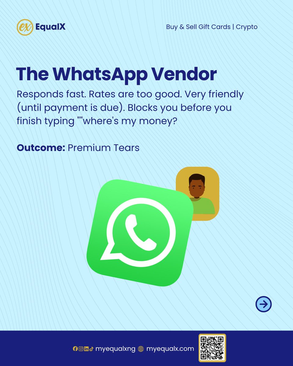 Myequalxng's tweet photo. WhatsApp vendor vs. Telegram vendor, an honest breakdown nobody asked for but everybody needed. 😂 When you want to sell your gift card safely and get paid fast, skipping the middlemen and trading on a trusted gift card exchange like Equalx just makes more sense. https://t.co/jvmOlhmixr