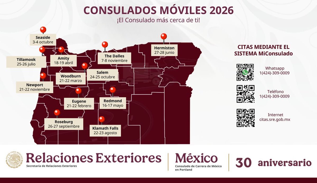 ¡El Consulado más cerca de ti! 👨‍👨‍👧‍👦🇲🇽👇Consulta el calendario 2026 de #ConsuladosMóviles para conocer las fechas y ciudades en las que <a href="/ConsulMexPot/">ConsulMex Portland</a> acerca sus servicios a tu comunidad.
📍¡Consulados Móviles 2026!
