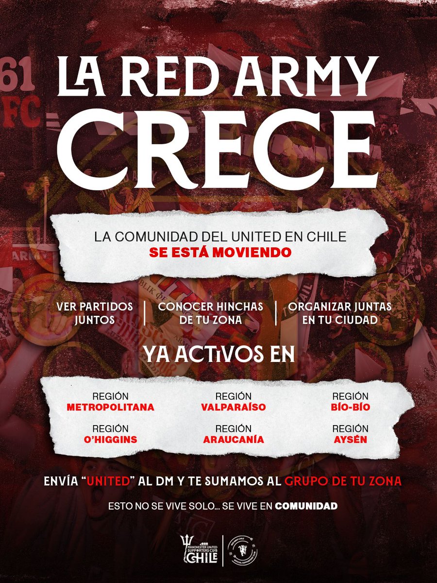 ManUnited_Chile's tweet photo. #ManchesterUnited #Chile 🇨🇱🔴 se está activando en TODO el país.
Juntas, partidos y pura pasión #RedArmy ❤️
¿Te sumas?
Manda “UNITED” al DM o comenta tu ciudad 👇
Esto se vive juntos.
Glory Glory #ManchesterUnited 🔴
#Chile2026 #SantiagoDeChile #RedArmyChile #PremierLeague #MUFC https://t.co/MzRjmrD5JN