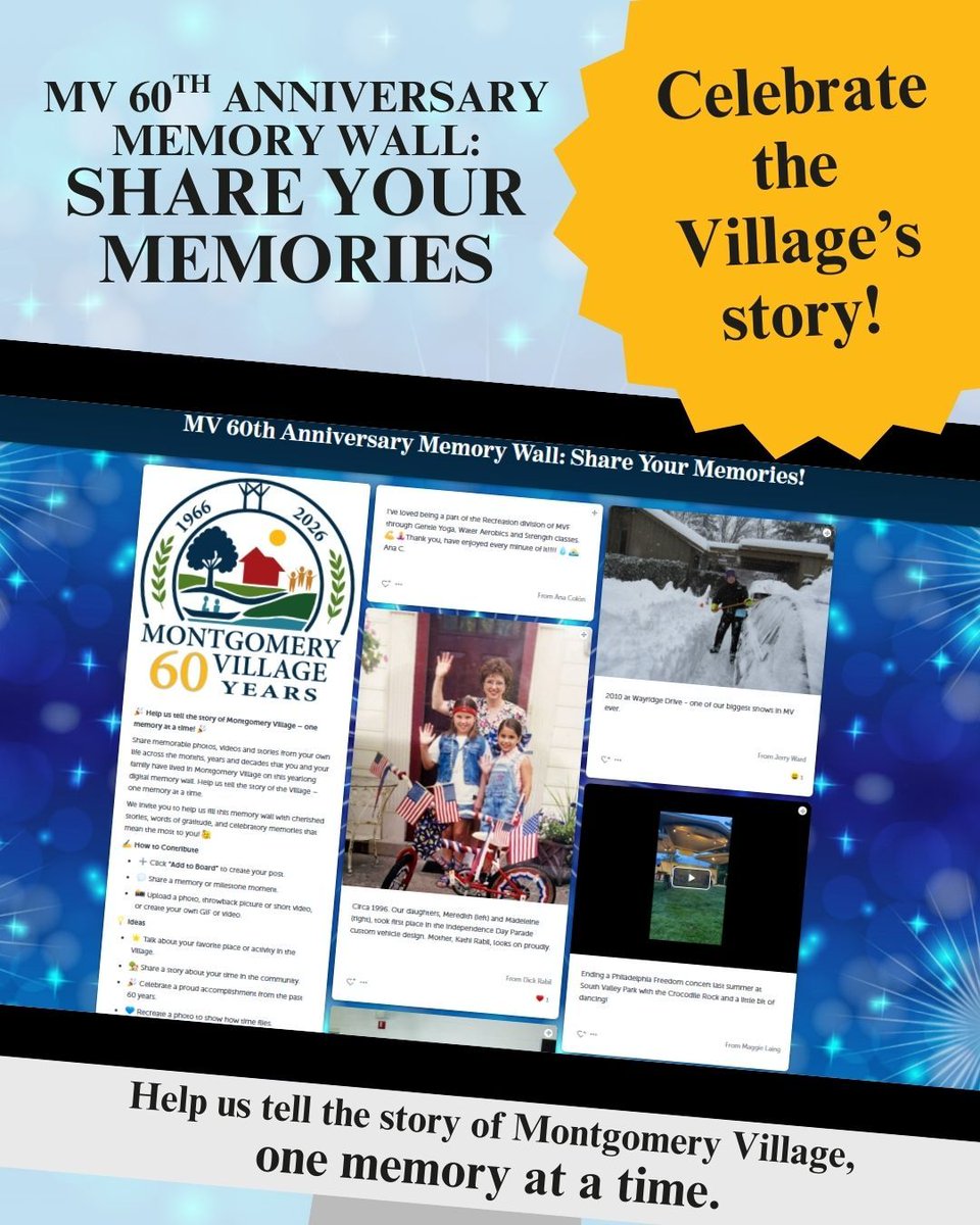 MontVillageMD's tweet image. 🏡 Help us celebrate the Village’s story!

Share your memories on our digital #MemoryWall 🥳 “MV 60th Anniversary Memory Wall: Share Your Memories!”

🌳 Let’s tell the story of Montgomery Village – one memory at a time: tinyurl.com/MV60-MemoryWall

#MV60Years #ShareYourStory