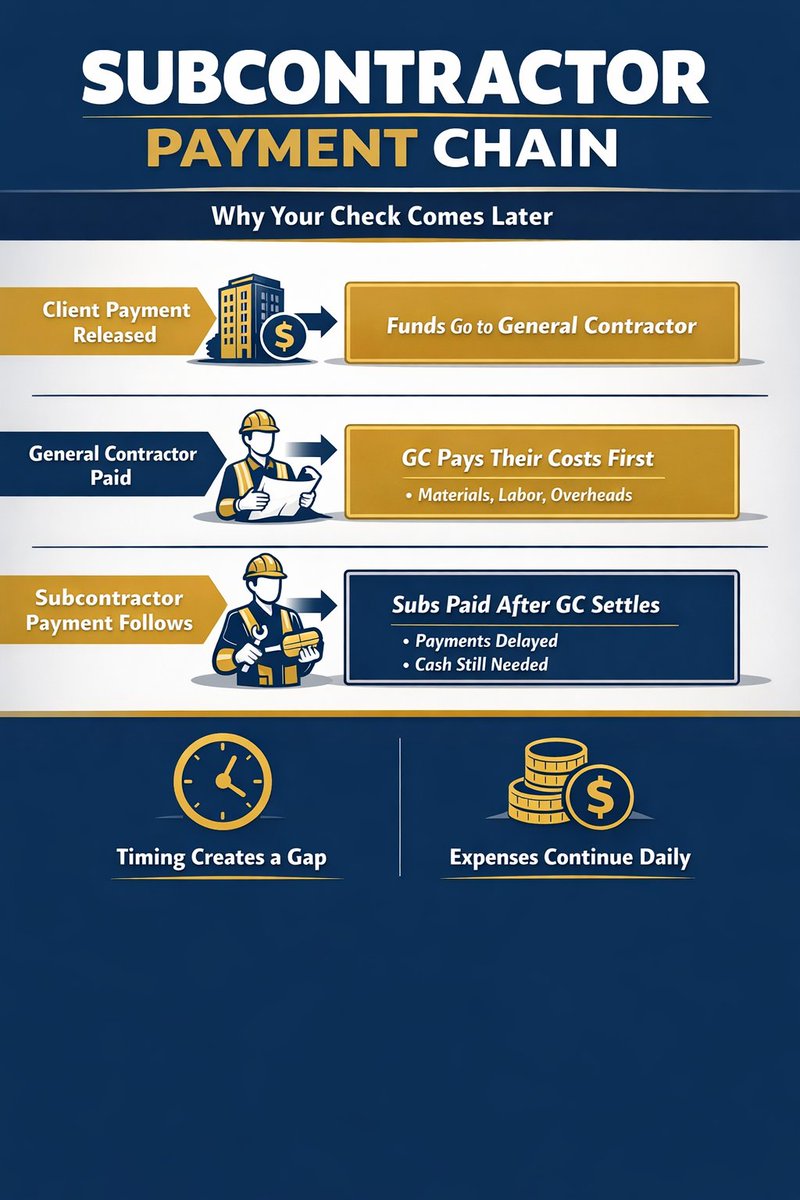VIPCapFunding's tweet photo. Subcontractor insight:

Work is completed today.

Payment often comes after the GC is paid.

Costs move immediately.

Timing creates the gap. https://t.co/Mnj80jilOM